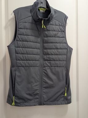 ASICS Men's Gray Quilted Hybrid Running Vest Full Zip Lime Green Accents Small